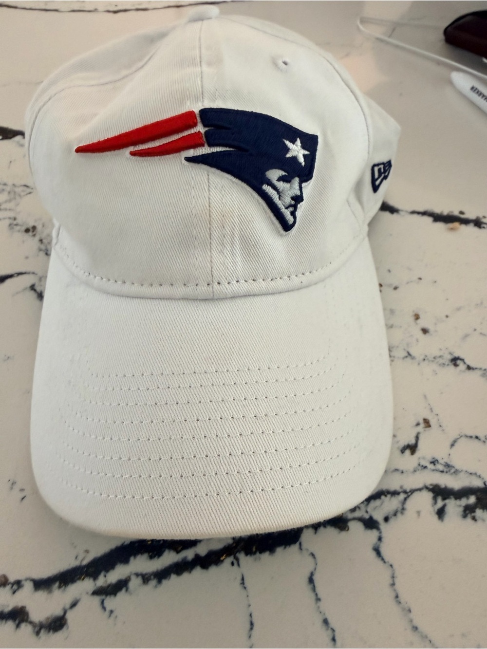 New Era White New England Patriots Logo Cap with Navy & Red Embroidery